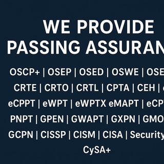Telegram profile photo for OSCP+ | OSEP | OSED | OSWE | OSEE | CRTP | CRTE | CRTO | CPTA | CEH | eJPT | eCPPT | eWPT | eWPTX | eMAPT | eCPTX | eCRE | CRTL🔱