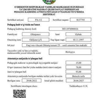 Telegram profile photo for Biologiya Oybek Olimjonov bilan