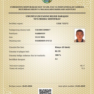 Telegram profile photo for ULUG'BEK NARBOYEV (KIMYO kanali)