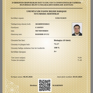 Telegram profile photo for Gʻaniyev Mo'minmirzo Biologiya o'quv kursi
