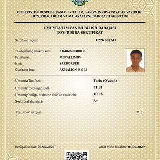 Telegram profile photo for Sardorbek Mutallimov | Natijalari