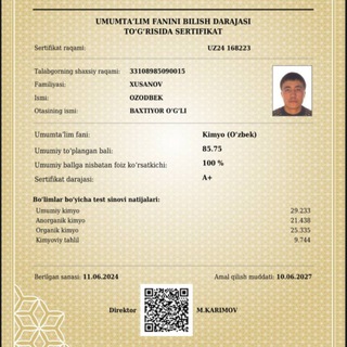 Telegram profile photo for “ONLINE KIMYO” maktabi XUSANOV OZODBEK