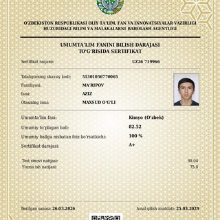 Telegram profile photo for Azizbek teacher | A+ Chemistry