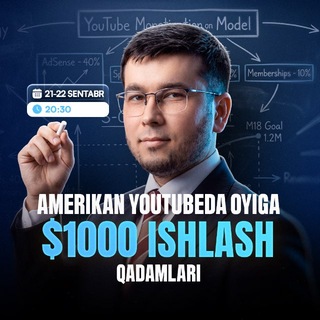 Telegram profile photo for 21-22 SENTABR Amerikan YouTube'da oyiga $1,000 Pul Ishlash Qadamlari | Oybek Bozorov