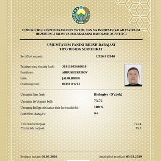 Telegram profile photo for JALOLIDDIN ABDUSHUKUROV OʻQUV KURSI NATIJALARI