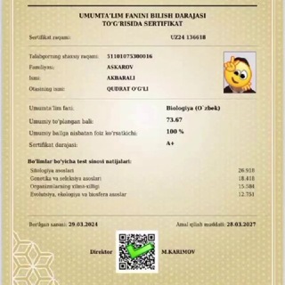 Telegram profile photo for Biologiya sertifikat || ๐๐ธ๐ฏ๐ฎ๐ฟ๐ฎ๐น๐ถ ๐๐๐ธ๐ฎ๐ฟ๐ผ๐