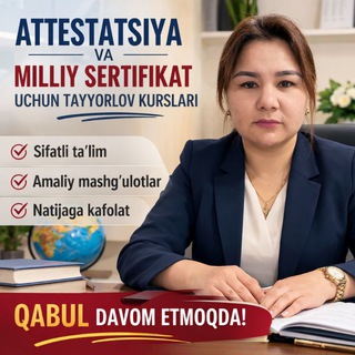 Telegram profile photo for Zulfiyaxon Toʻychiyeva Attestatsiya va Milliy sertifikatga tayyorlov rasmiy kanal