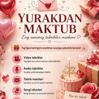 Telegram profile photo for 🍃🌸🩷YURAKDAN MAKTUB🩷🌸🍃TABRIK LOYIHASI🥳