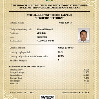 Telegram profile photo for Shohruh Yusufov Nasrullayevich || KIMYO GRAND